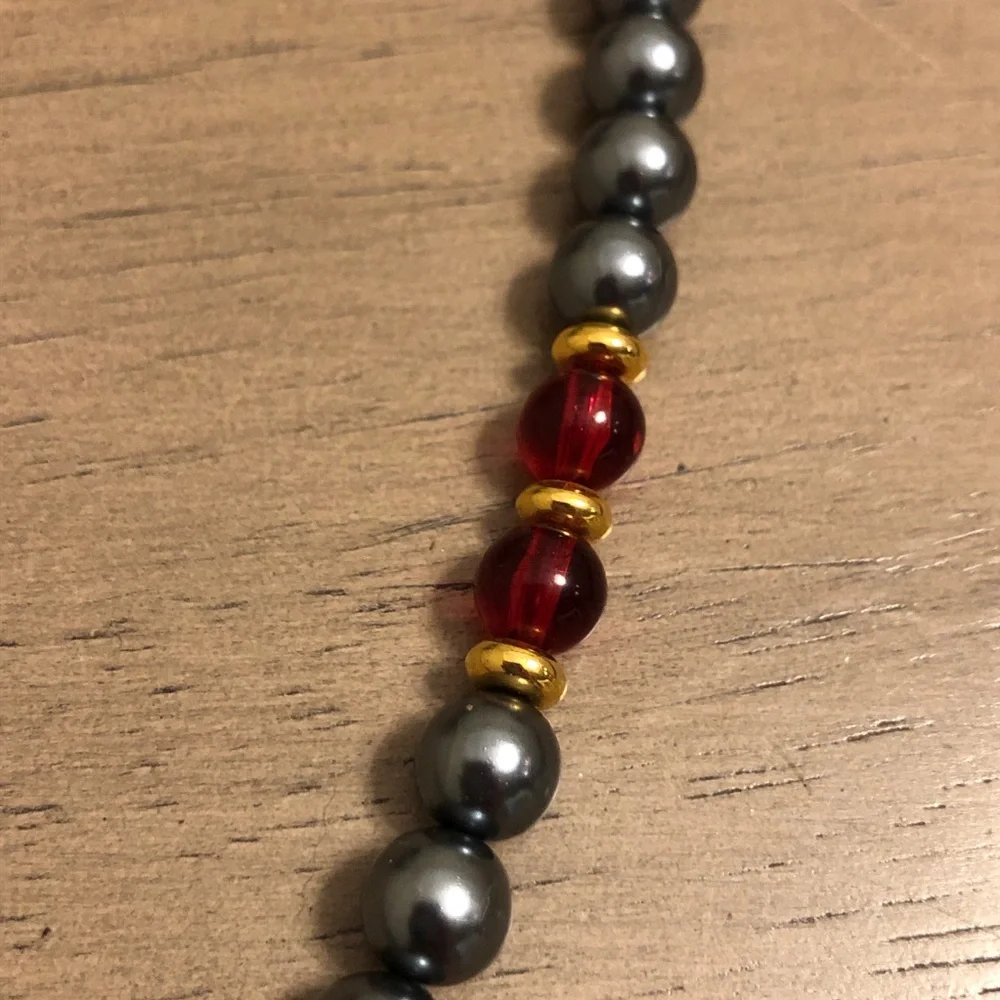 Vintage Red Gold and Metallic Gunmetal Silver Beaded Necklace